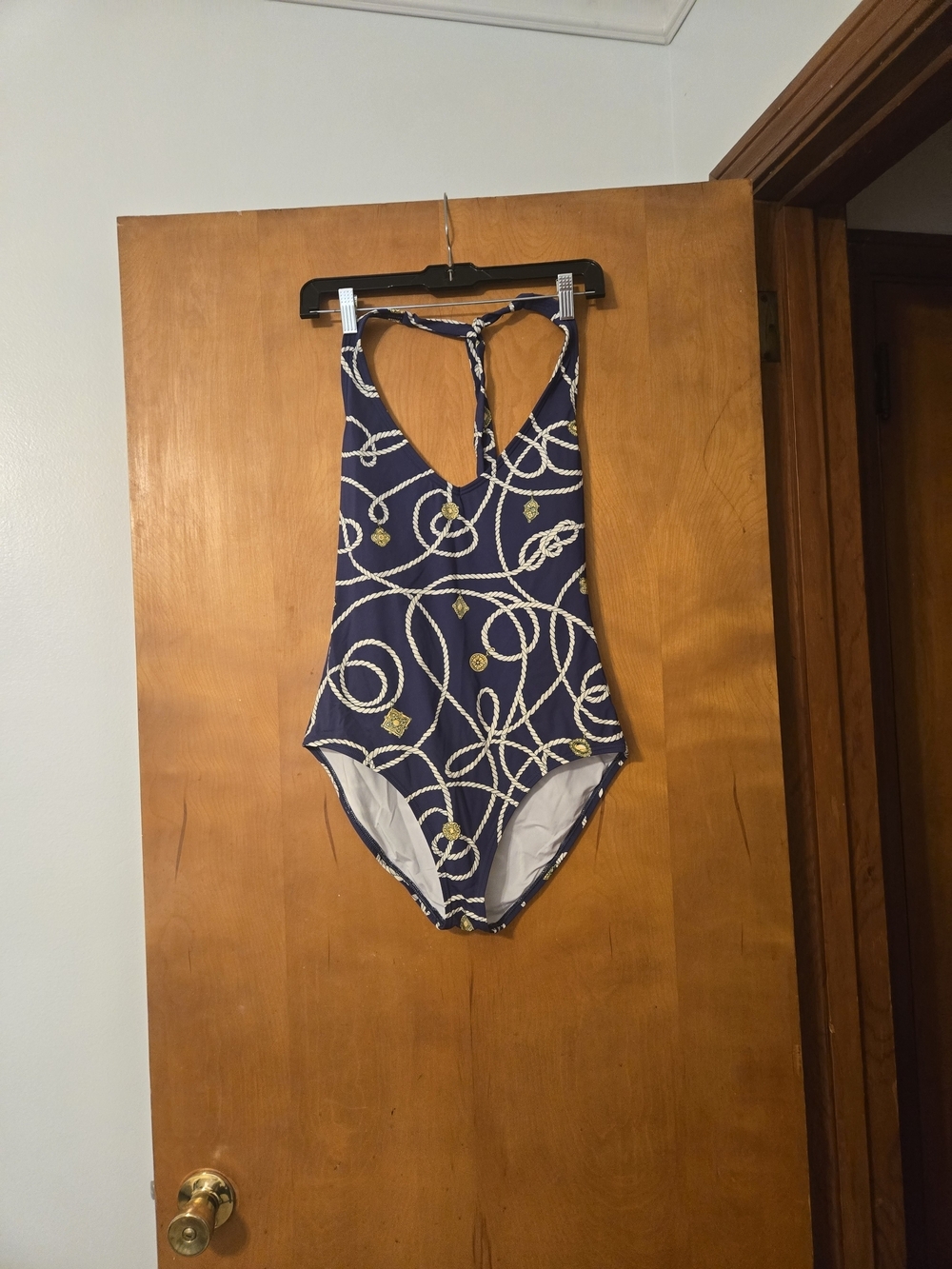 J McLaughlin Miki One Piece Halter Blue White Yellow Chain Print Swimsuit 00